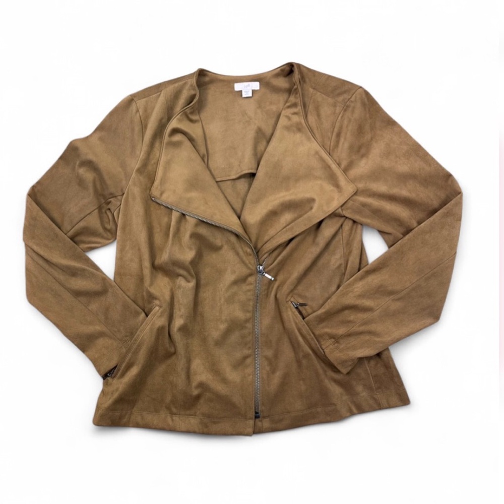 J. Jill Faux Suede Moto Jacket Size Small Petite SP Brown Camel Asymmetrical Zip - Picture 9 of 13